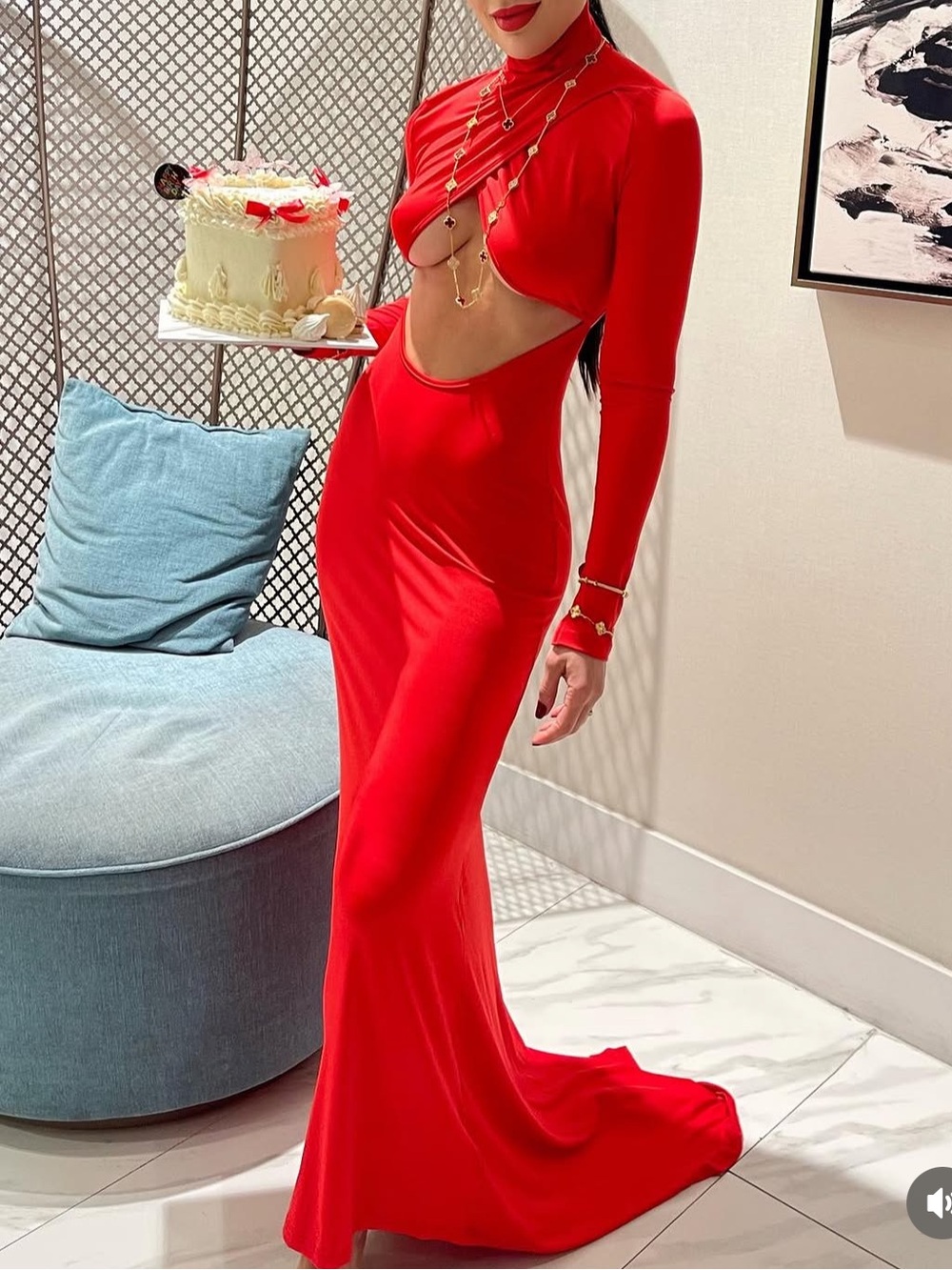Red Cutout Long Sleeve Evening Gown